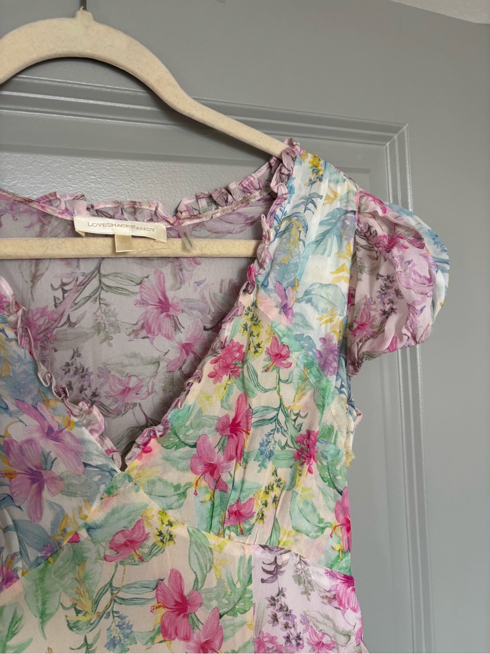 LOVESHACKFANCY Russ Silk Floral Print Mini Dress. Pink, Blue and Yellow print. - Picture 13 of 16